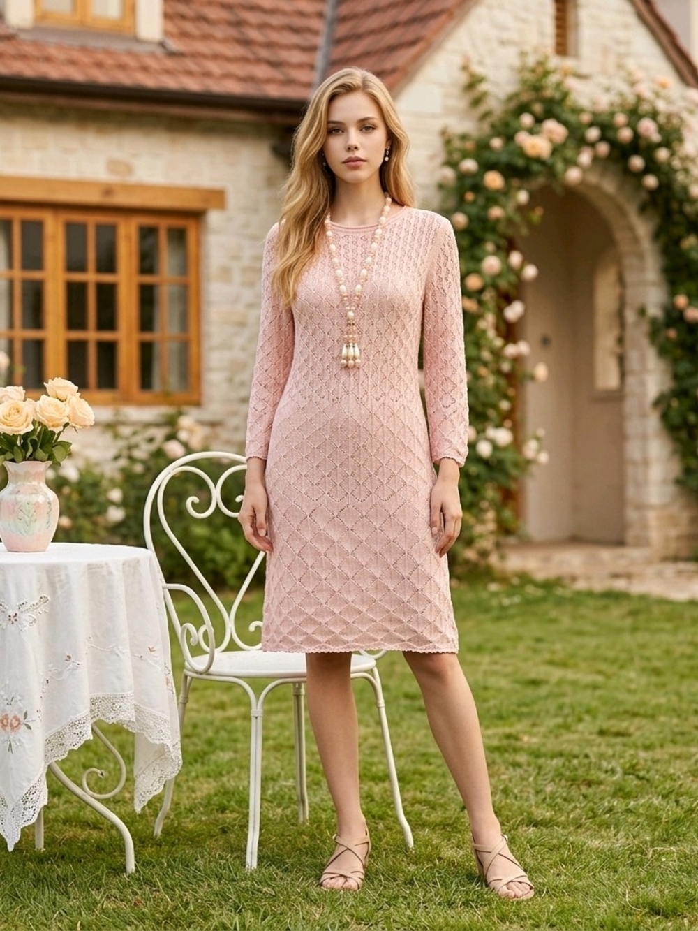Ectcetra Elegant Pink Knit Dress with Long Sleeves